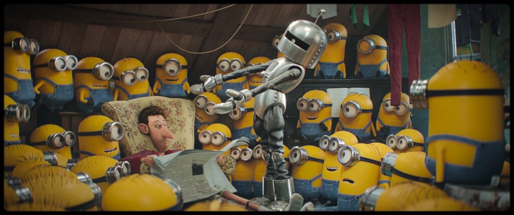 Alt = Jesse Eisenberg Voices Dort, an alien robot that the Minions see as their potential boss. Illumination’s Minions & Monsters, directed by Pierre Coffin. © Universal Studios. All Rights Reserved.
Minions & Monsters Review