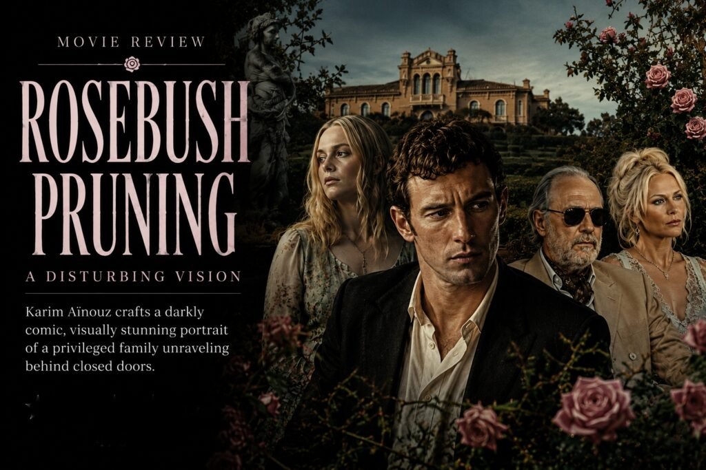 Alt = Rosebush Pruning movie review featured image showing a moody cinematic collage with the main cast, a grand villa, rose bushes
Rosebush Pruning Movie Review

