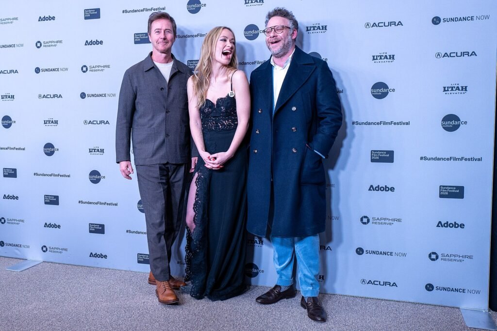 Alt = Edward Norton, Olivia Wilde, Seth Rogen The Premiere of "The Invite" at the 2026 Sundance Film Festival By Colleen Sturtevant ©Creative Commons Attribution 4.0