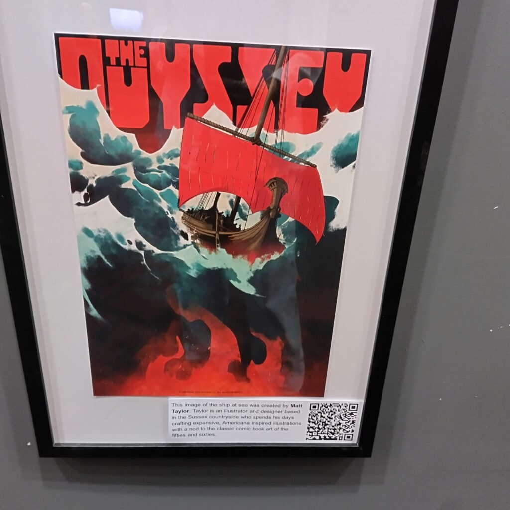 Alt = This framed item is another official alternative movie poster designed by illustrator and designer Matt Taylor for Christopher Nolan's The Odyssey (2026).