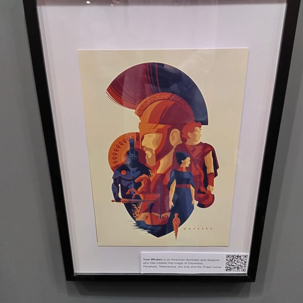 Alt = This artwork is a screen print titled "The Odyssey" by artist Tom Whalen, created for an exhibition celebrating classic literature.