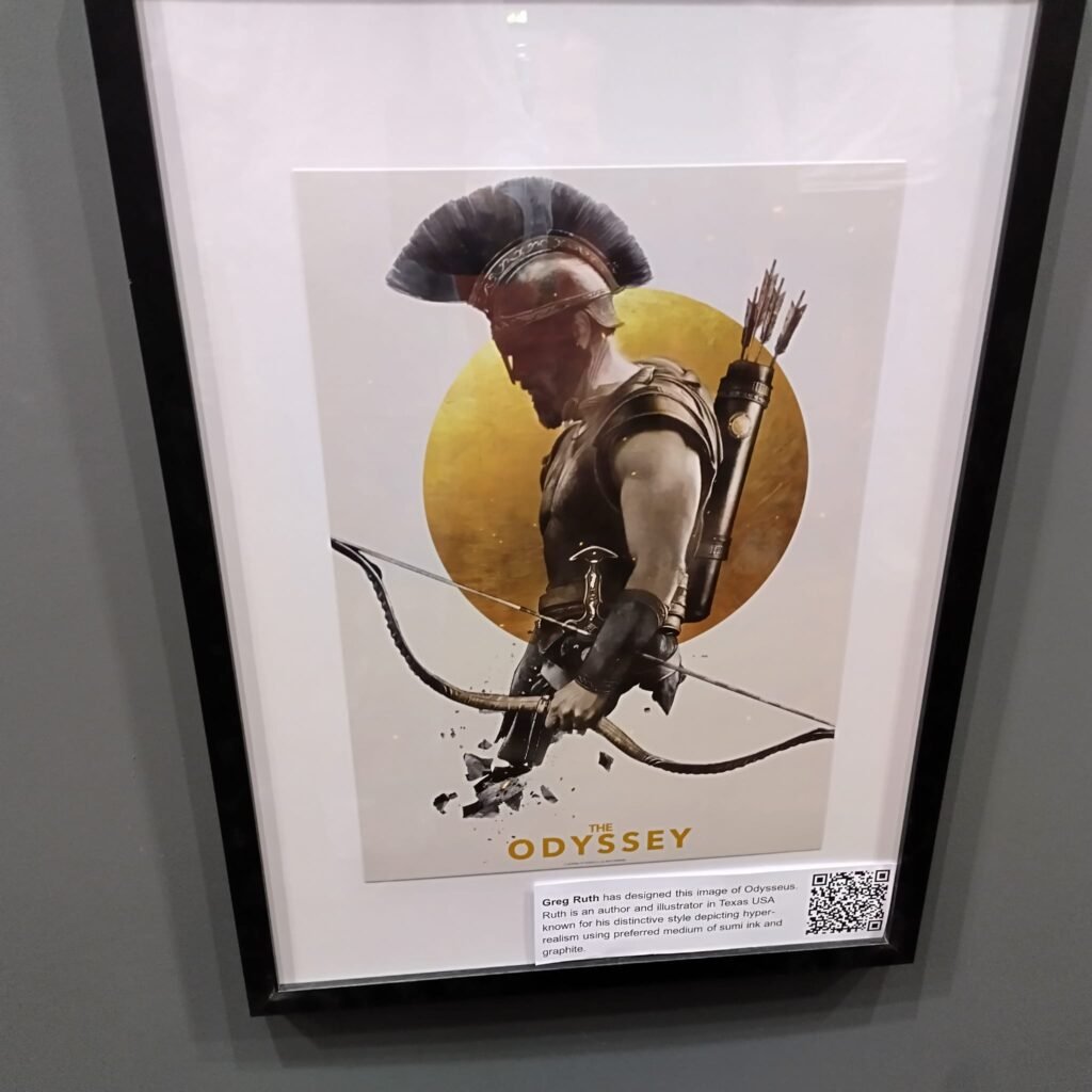Alt = The poster depicts Odysseus from the side, looking down while holding his legendary bow, with a quiver of arrows on his back.