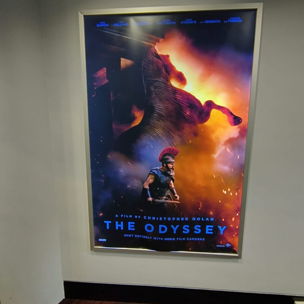 Alt = A Movie Promotional stand for the movie the odyssey inside the BFI IMAX