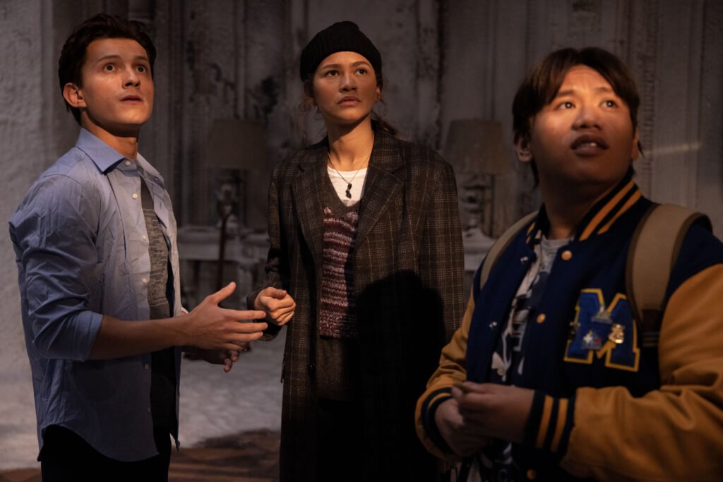 Alt = Tom Holland, Zendaya and Jacob Batalon in Columbia Pictures’ SPIDER-MAN: NO WAY HOME.
Spider-Man: No Way Home Review