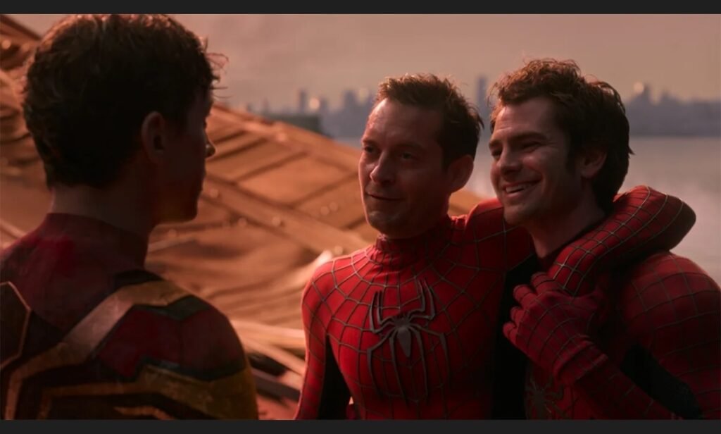 Alt = Tom Holland, Tobey Maguire and Andrew Garfield. In Spider-Man: No Way Home © 2021 Sony Pictures Entertainment Inc. and Marvel Studios, LLC. All Rights Reserved.
Spider-Man: No Way Home Review