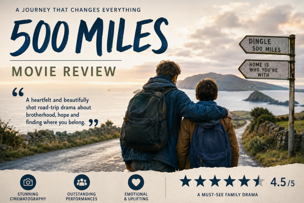Alt = 500 Miles movie review featured image showing two brothers overlooking the Irish coastline during their emotional journey to find family and hope.