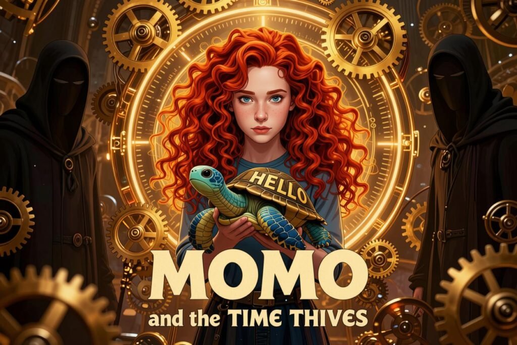 alt="Momo movie poster showing a red-haired girl holding a turtle, surrounded by golden clock mechanisms and shadowy figures"
