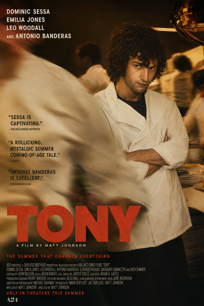 Alt = Tony movie review showing a young Anthony Bourdain in a busy restaurant kitchen, surrounded by blurred chefs and warm vintage lighting.