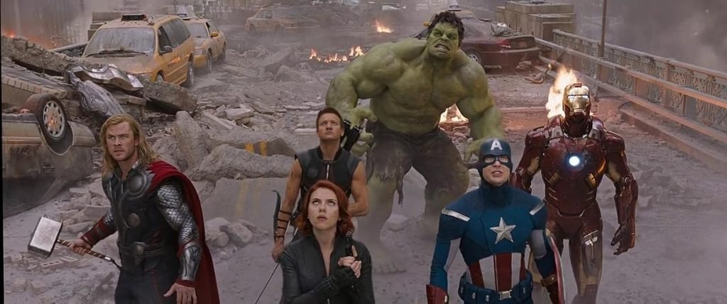 Alt = Chris Hemsworth,  Jeremy Renner, Mark Ruffalo, Robert Downey Jr, Chris Evans and Scarlett Johansson in The Avengers (2011) ©Marvel Studios and the Walt Disney Company. All rights reserved.