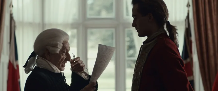 Alt = Ben Kingsley as Governor Dinwiddie and William Franklyn-Miller as Washington In The Young Washington © 2026 Angel Studios, Inc.

Young Washington Review