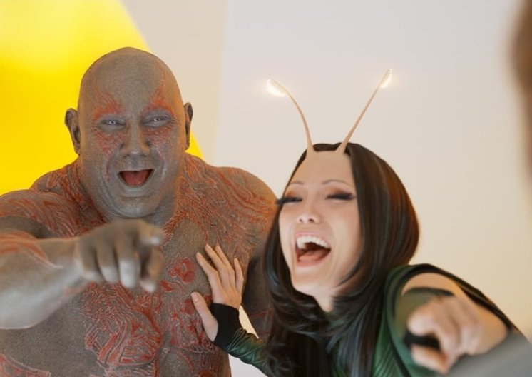 Alt = Dave Bautista, and Pom Klementieff in Guardians of the Galaxy: Vol. 2 (2017) ©Marvel Studios and the Walt Disney Company. All rights reserved.