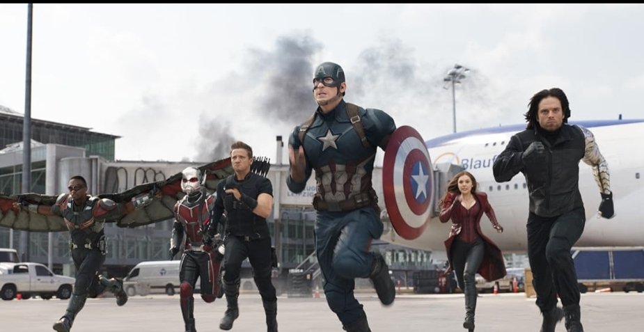 Alt = Chris Evans, Elizabeth Olsen, Jeremy Renner, Paul Rudd, Anthony Mackie, and Sebastian Stan in Captain America: Civil War (2016) ©Marvel Studios and the Walt Disney Company. All rights reserved.
Captain America Civil War