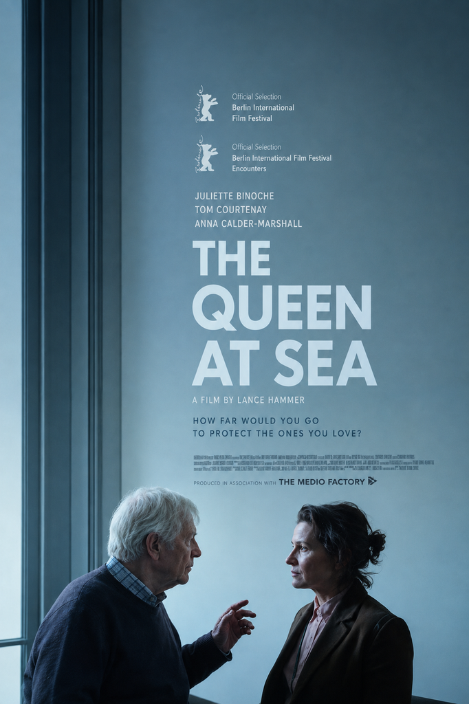 Alt = The Queen at Sea review poster featuring an elderly man and middle-aged woman in a tense conversation
