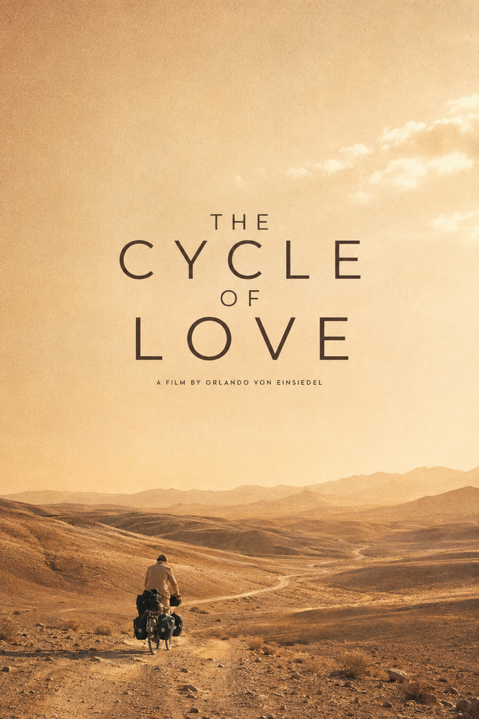 Alt = The Cycle of Love review poster featuring a cyclist travelling through a vast desert landscape beneath the film title