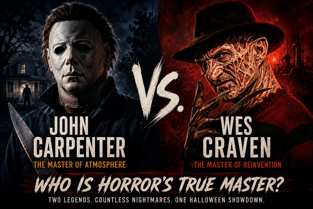 Alt = John Carpenter vs Wes Craven Halloween horror showdown featuring Michael Myers and Freddy Krueger, celebrating two legendary horror directors and their impact on cinema.
