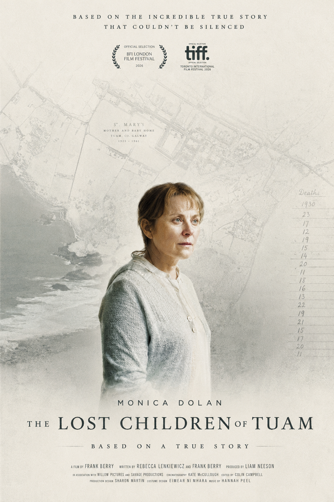 Alt = The Lost Children of Tuam movie review poster featuring Monica Dolan against a faded map of Tuam, with muted tones, archival details and the film's title.